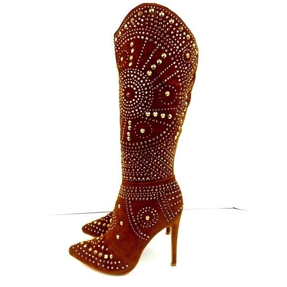 Shoes - Lauren Lorraine suede Gold studded Knee High boots Sz 8.5